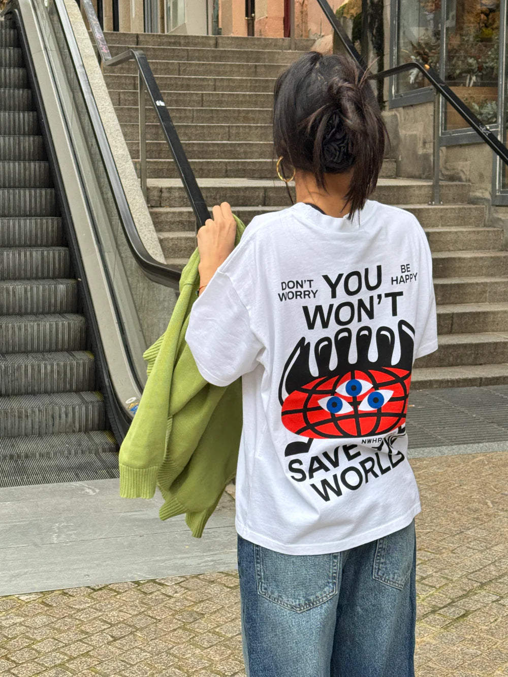 YOU WON'T SAVE THE WORLD T-SHIRT WHITE - FRONT OF.