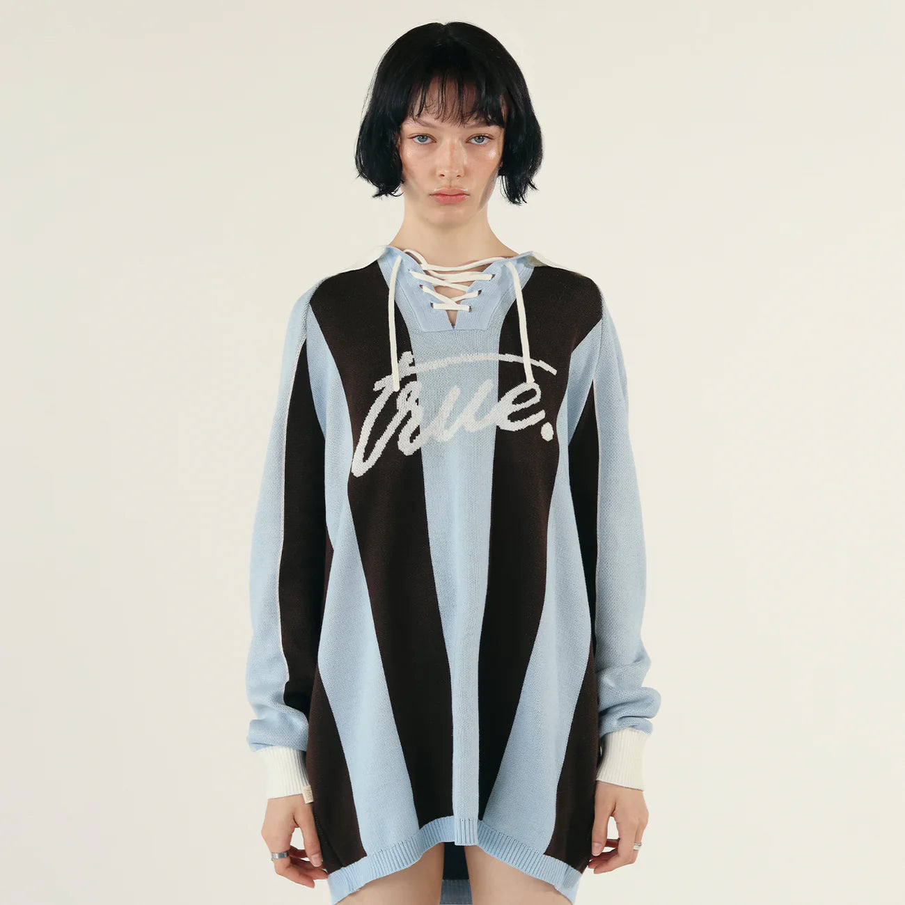 STRIPED KNIT POLO BLUE - FRONT OF