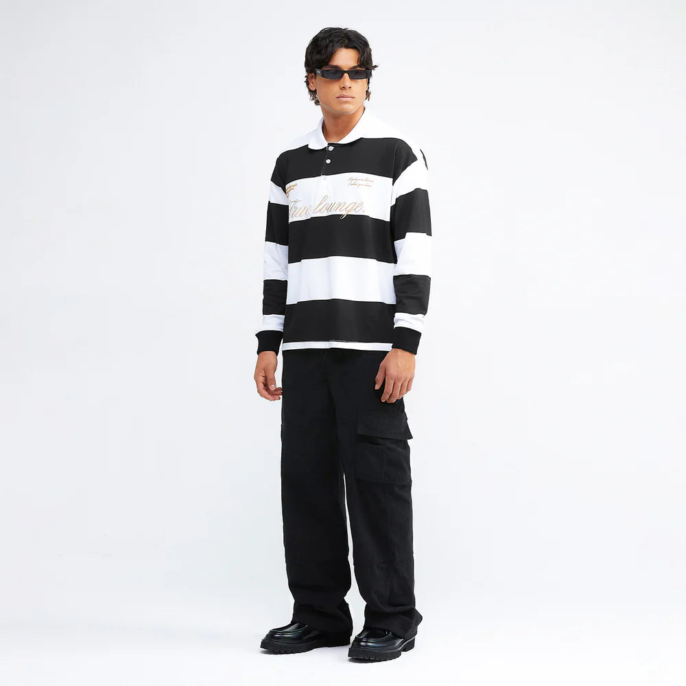 TRUE LOUNGE LONGSLEEVE BOXY POLO BLACK - FRONT OF.