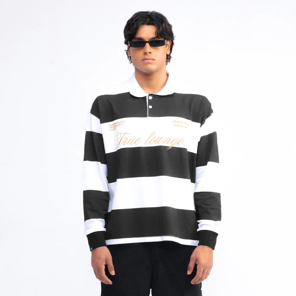 TRUE LOUNGE LONGSLEEVE BOXY POLO BLACK - FRONT OF.