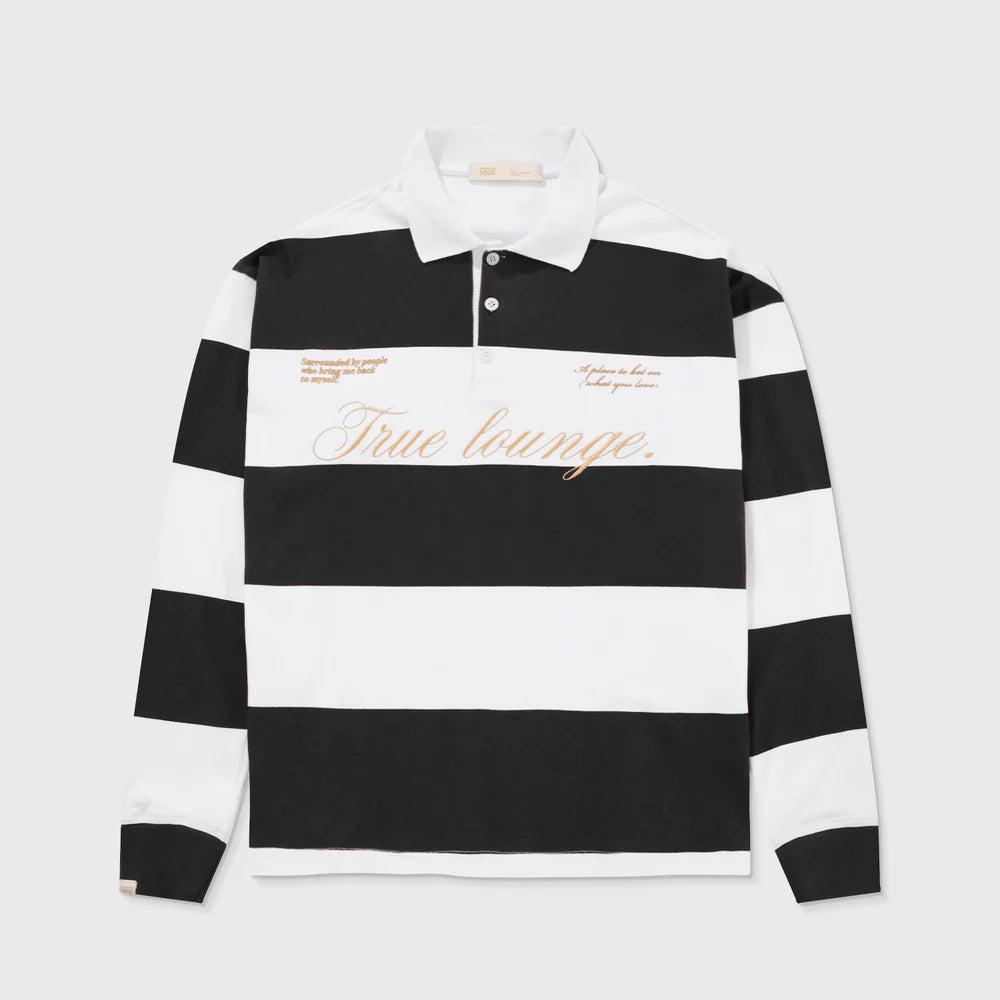 TRUE LOUNGE LONGSLEEVE BOXY POLO BLACK - FRONT OF.