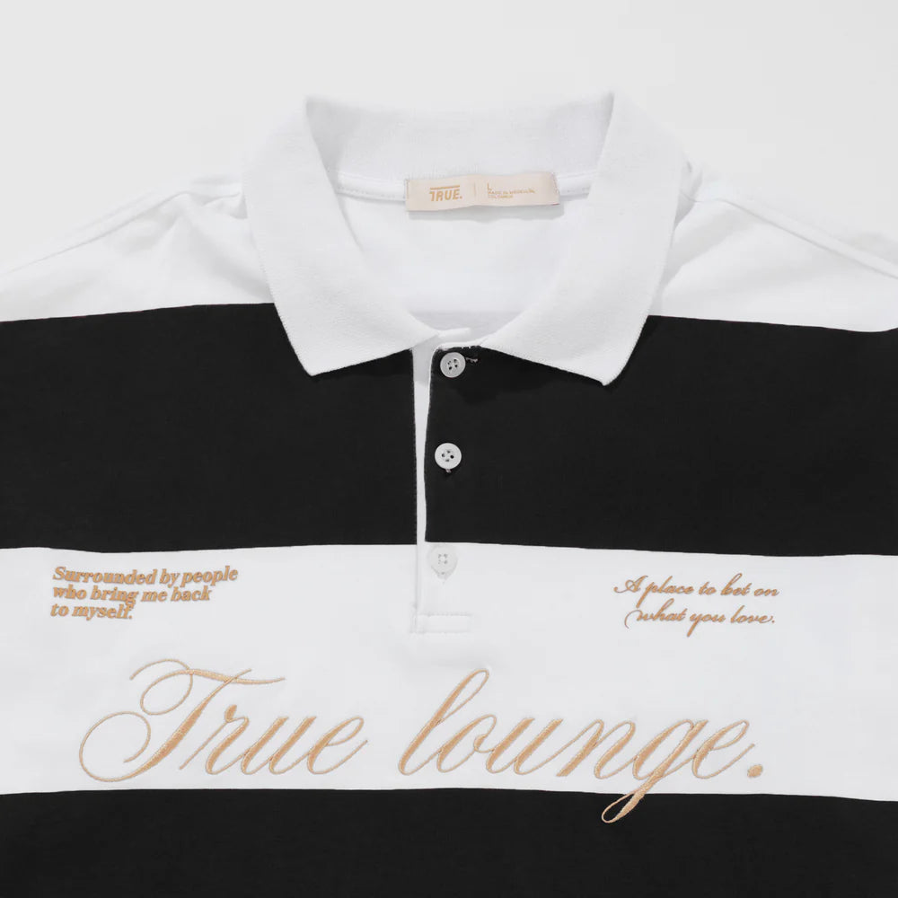TRUE LOUNGE LONGSLEEVE BOXY POLO BLACK - FRONT OF.