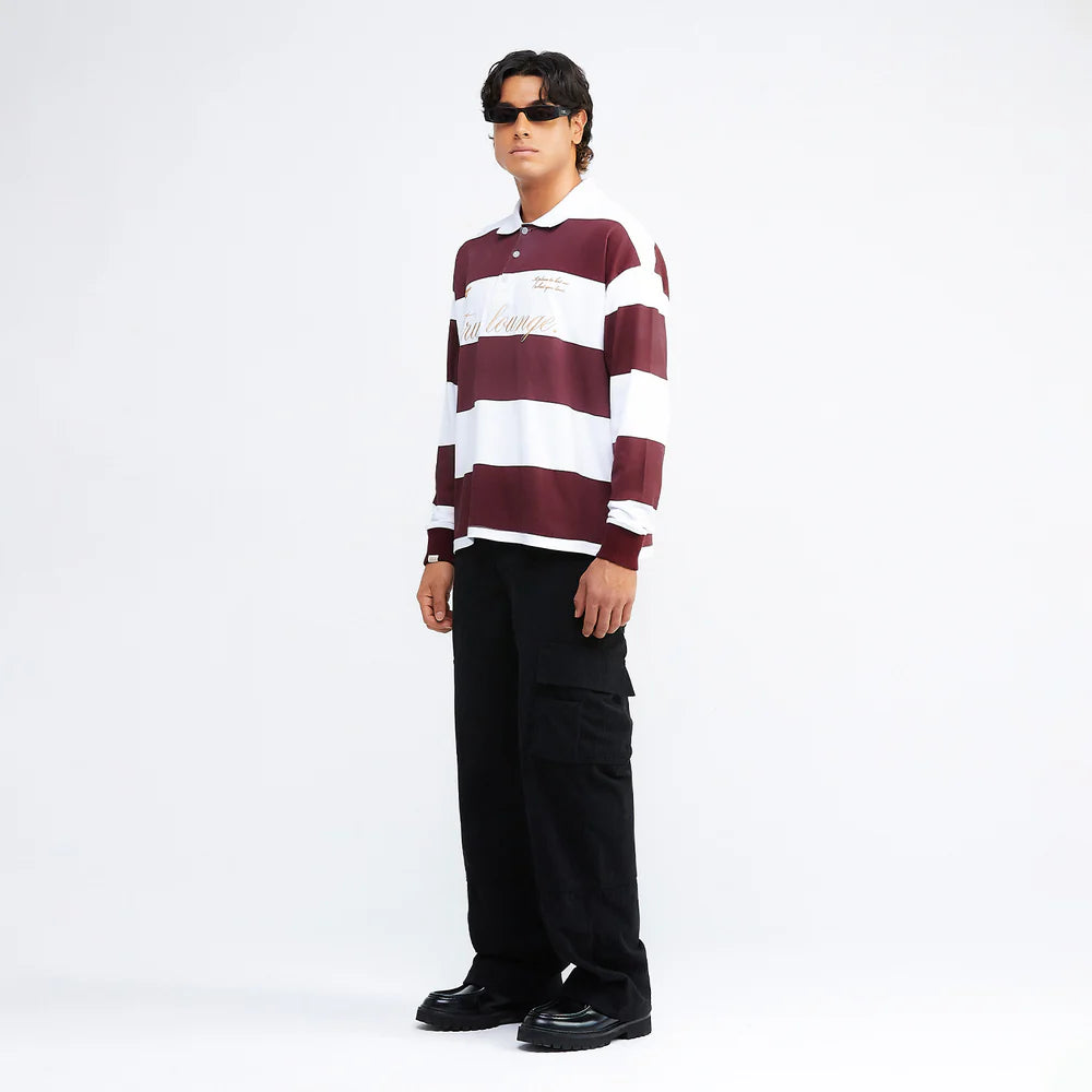 TRUE LOUNGE LONGSLEEVE BOXY POLO DEEP RED - FRONT OF.