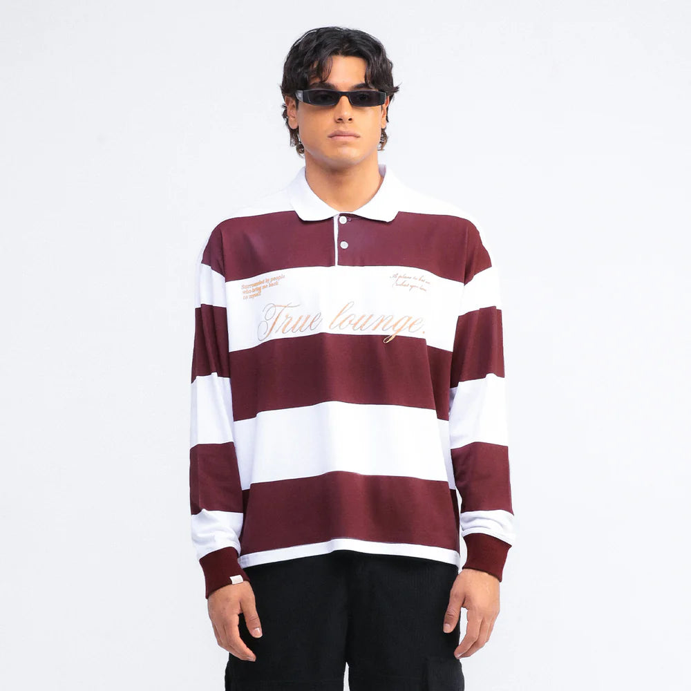 TRUE LOUNGE LONGSLEEVE BOXY POLO DEEP RED - FRONT OF.