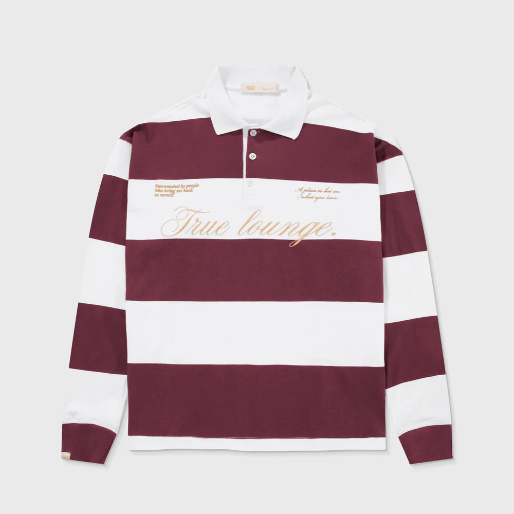 TRUE LOUNGE LONGSLEEVE BOXY POLO DEEP RED - FRONT OF.