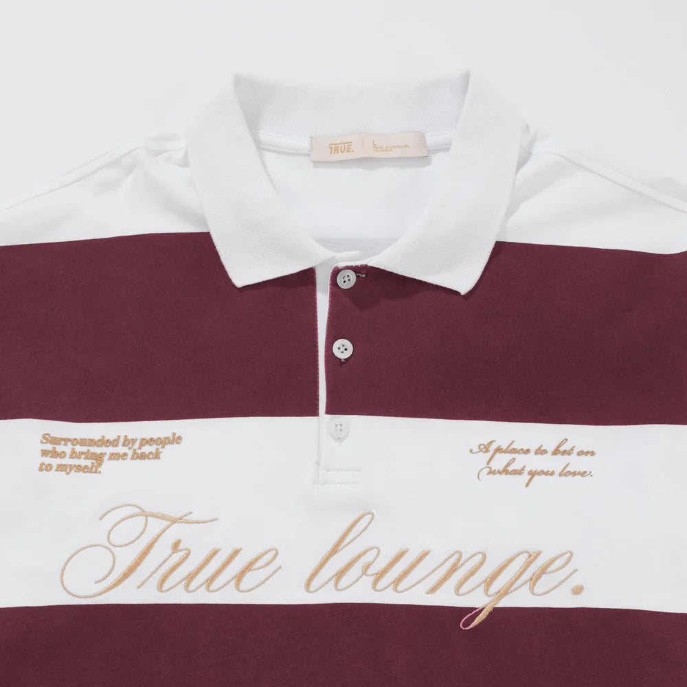 TRUE LOUNGE LONGSLEEVE BOXY POLO DEEP RED - FRONT OF.