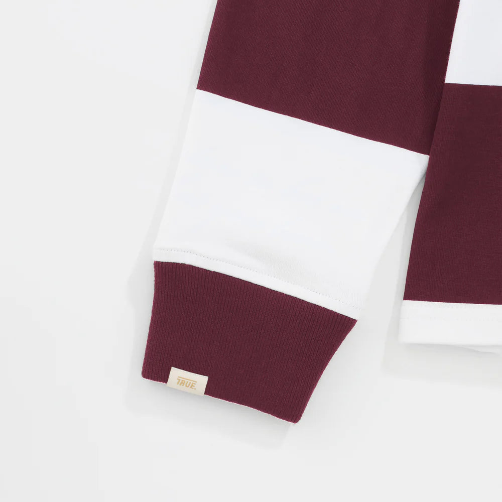 TRUE LOUNGE LONGSLEEVE BOXY POLO DEEP RED - FRONT OF.