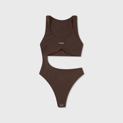 BOLD CUT ASYMETRIC BODYSUIT BROWN - FRONT OF