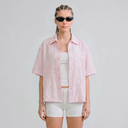 EMBROIDERED FLOWER BOXY SHIRT PINK - FRONT OF