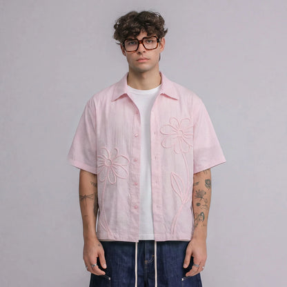 EMBROIDERED FLOWER BOXY SHIRT PINK - FRONT OF