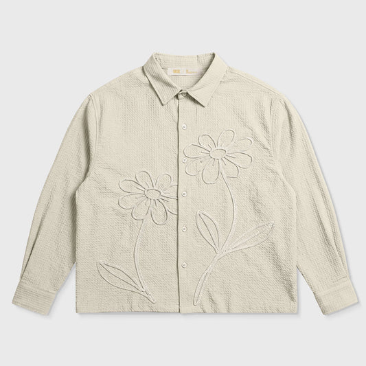 EMBROIDERED LONGSLEEVE BOXY SHIRT SAND - FRONT OF