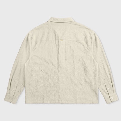 EMBROIDERED LONGSLEEVE BOXY SHIRT SAND - FRONT OF