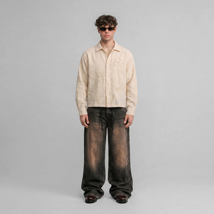 EMBROIDERED LONGSLEEVE BOXY SHIRT SAND - FRONT OF