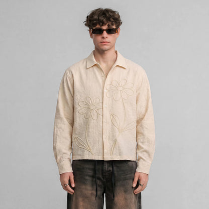 EMBROIDERED LONGSLEEVE BOXY SHIRT SAND - FRONT OF