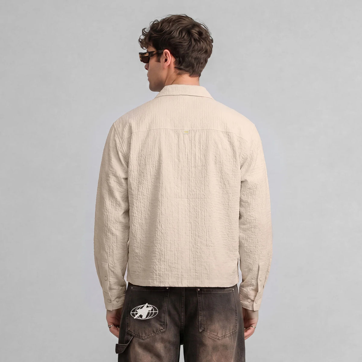 EMBROIDERED LONGSLEEVE BOXY SHIRT SAND - FRONT OF