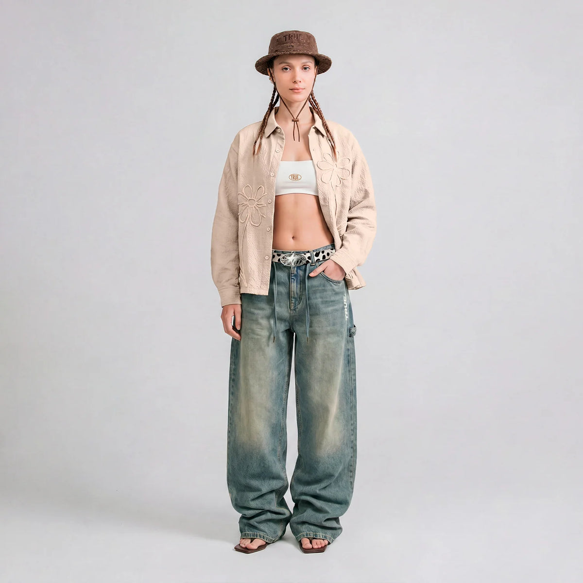 EMBROIDERED LONGSLEEVE BOXY SHIRT SAND - FRONT OF