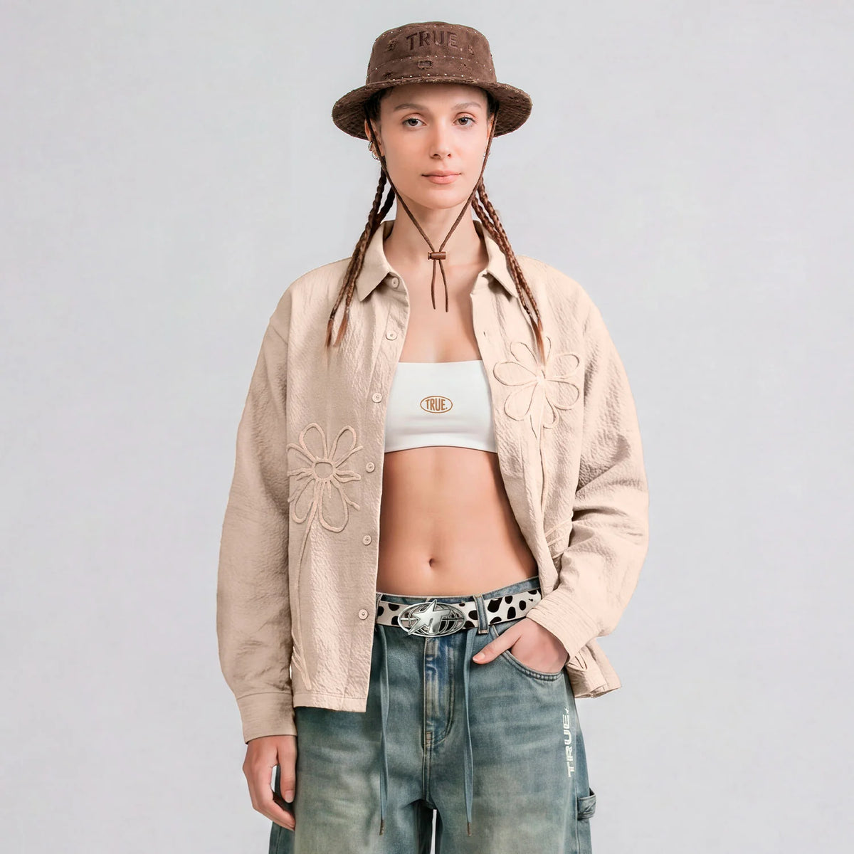 EMBROIDERED LONGSLEEVE BOXY SHIRT SAND - FRONT OF