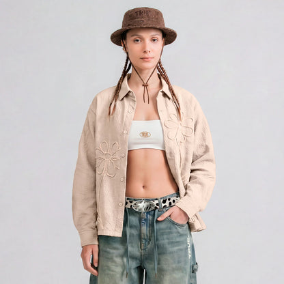 EMBROIDERED LONGSLEEVE BOXY SHIRT SAND - FRONT OF