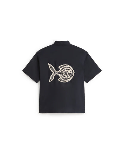 CAMISA OVERSIZE BORDADA A MANO FISH KURTIS NAVY - FRONT OF