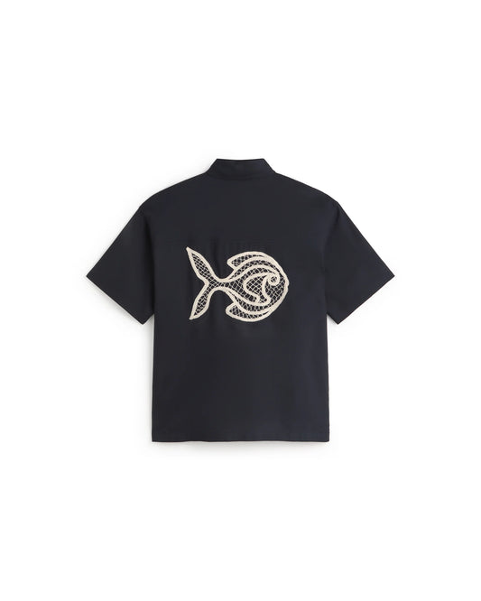 CAMISA OVERSIZE BORDADA A MANO FISH KURTIS NAVY - FRONT OF