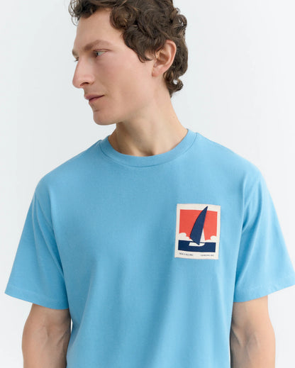 BLUE T-SHIRT PATCHED OPTIMIST ZACH - FRONT OF