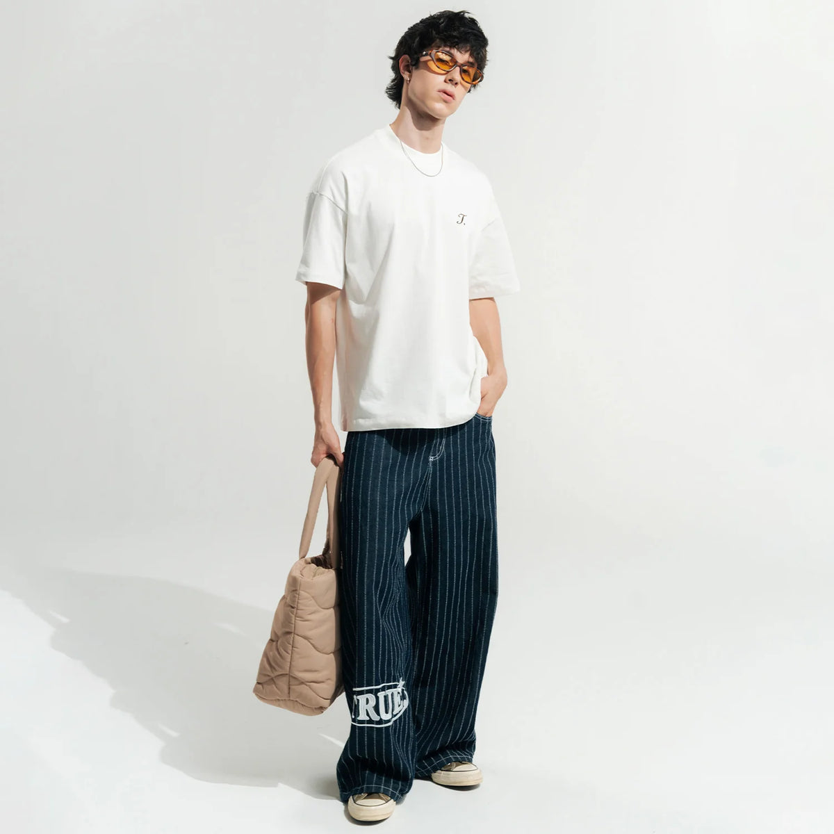 PINSTRIPE MID-RISE JEANS BLUE - FRONT OF