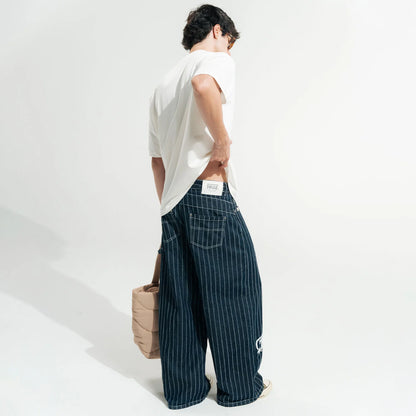 PINSTRIPE MID-RISE JEANS BLUE - FRONT OF