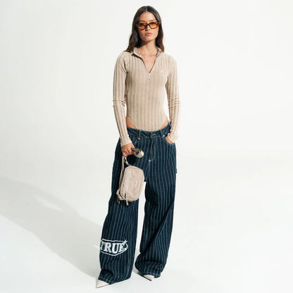 PINSTRIPE MID-RISE JEANS BLUE - FRONT OF