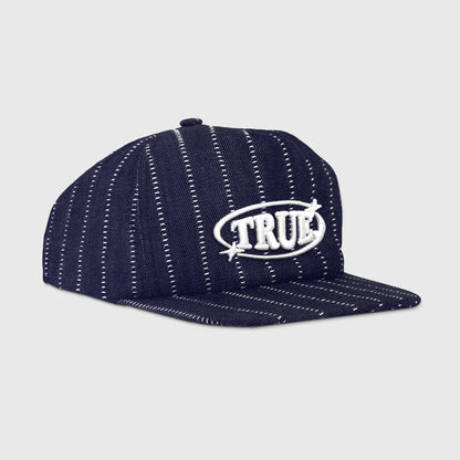 PINSTRIPE ORBIT GOLFER CAP DENIM BLUE - FRONT OF
