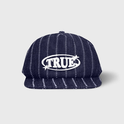 PINSTRIPE ORBIT GOLFER CAP DENIM BLUE - FRONT OF