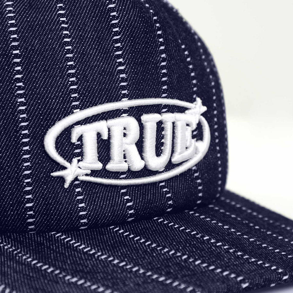 PINSTRIPE ORBIT GOLFER CAP DENIM BLUE - FRONT OF