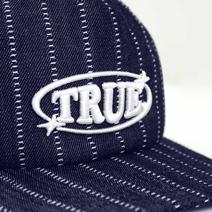 PINSTRIPE ORBIT GOLFER CAP DENIM BLUE - FRONT OF