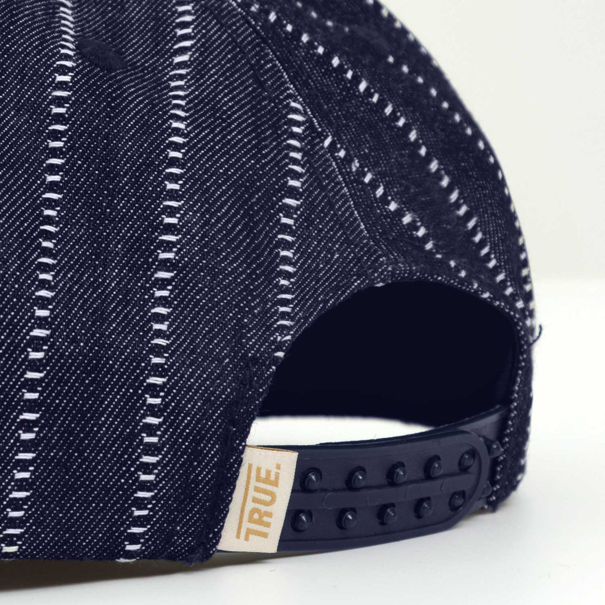 PINSTRIPE ORBIT GOLFER CAP DENIM BLUE - FRONT OF