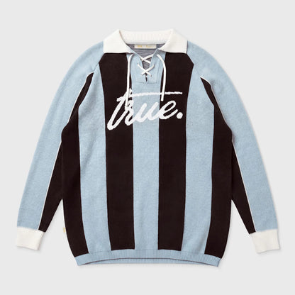 STRIPED KNIT POLO BLUE - FRONT OF
