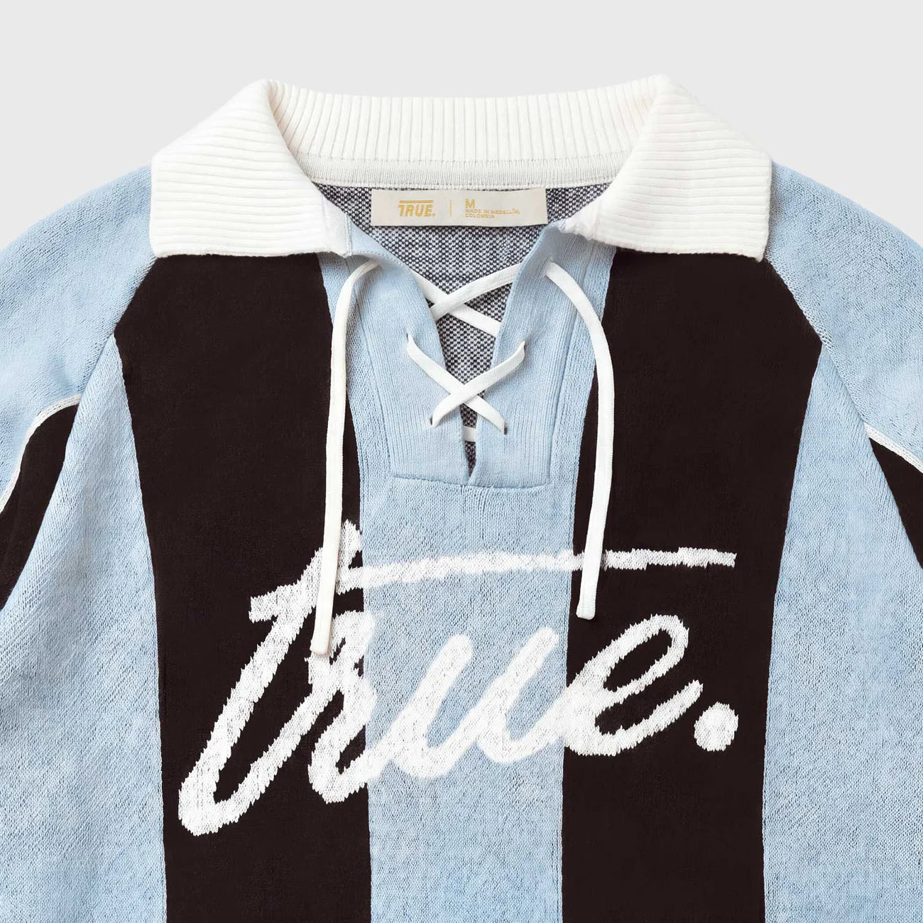 STRIPED KNIT POLO BLUE - FRONT OF