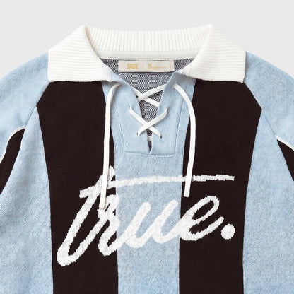 STRIPED KNIT POLO BLUE - FRONT OF