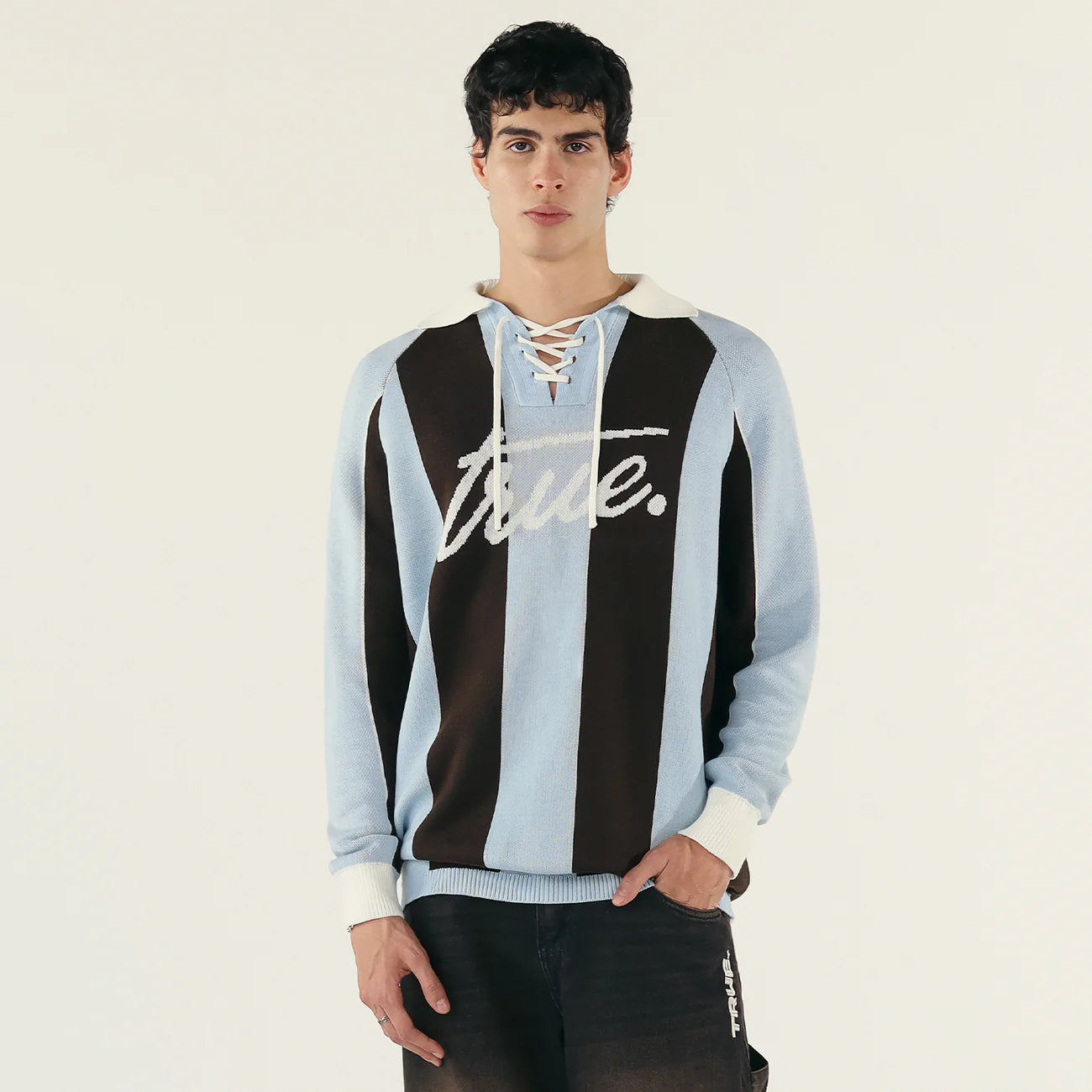 STRIPED KNIT POLO BLUE - FRONT OF
