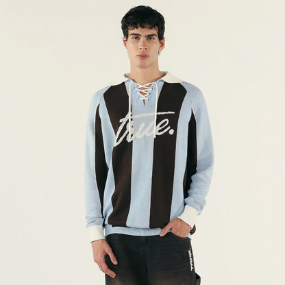 STRIPED KNIT POLO BLUE - FRONT OF