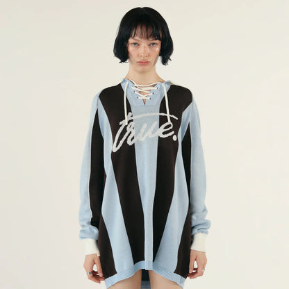 STRIPED KNIT POLO BLUE - FRONT OF