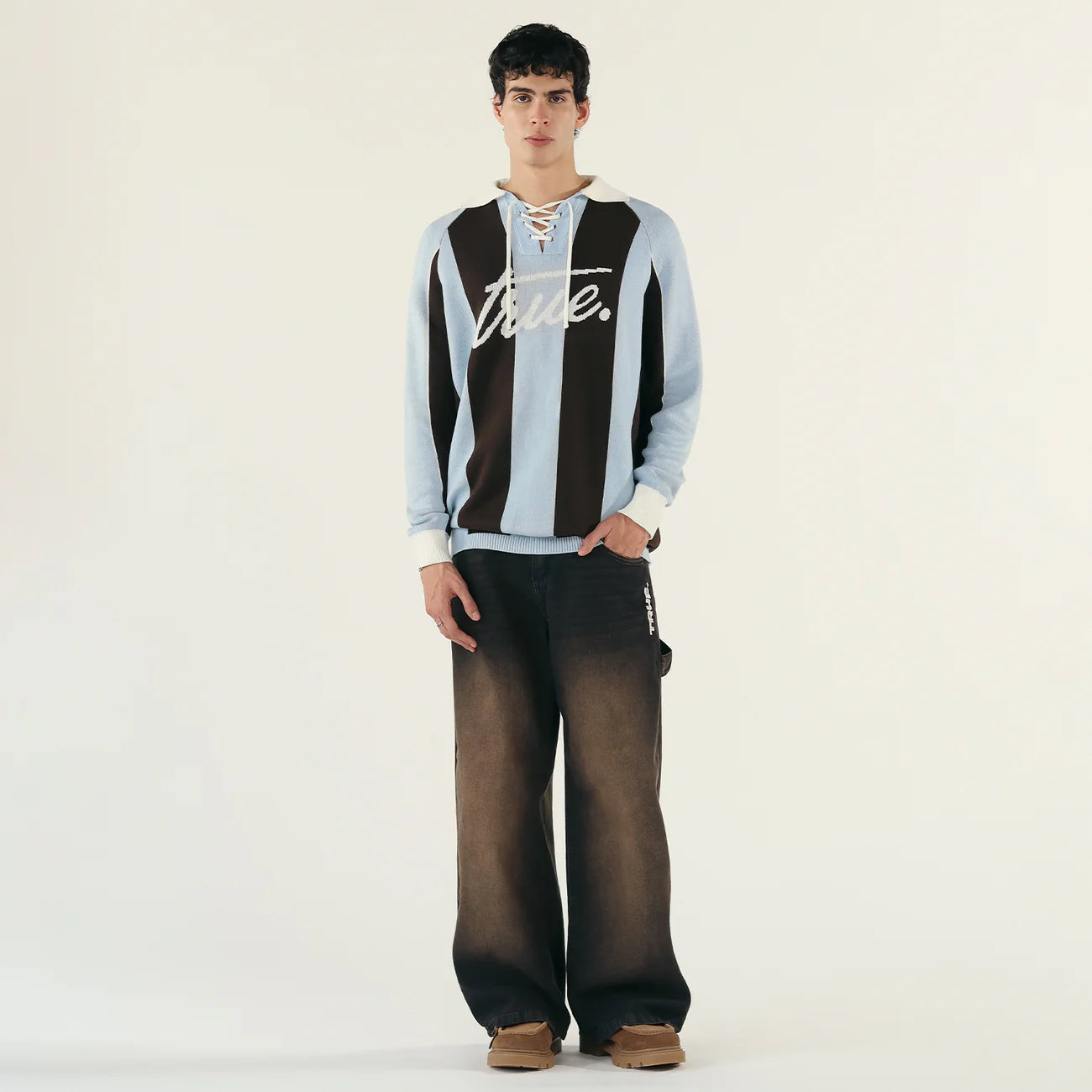 STRIPED KNIT POLO BLUE - FRONT OF