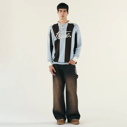 STRIPED KNIT POLO BLUE - FRONT OF