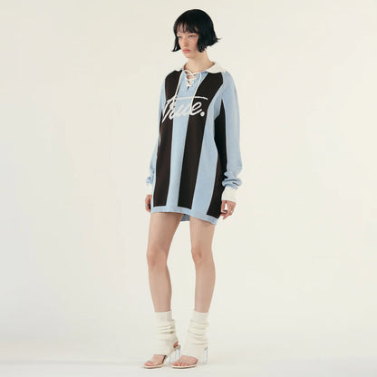STRIPED KNIT POLO BLUE - FRONT OF