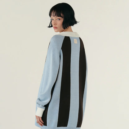 STRIPED KNIT POLO BLUE - FRONT OF