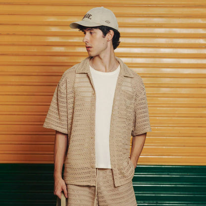 TEXTURED BOXY SHIRT CAMEL - FRONT OF