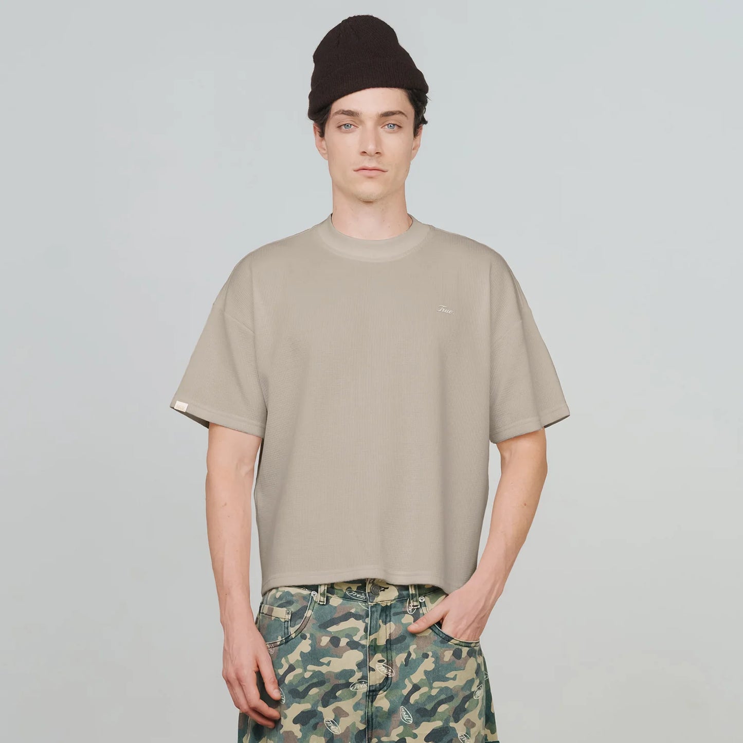 TEXTURED BOXY TEE SAND - FRONT OF