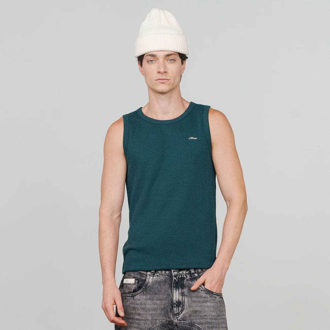TEXTURED SLEEVELESS T-SHIRT PINE GREEN - FRONT OF