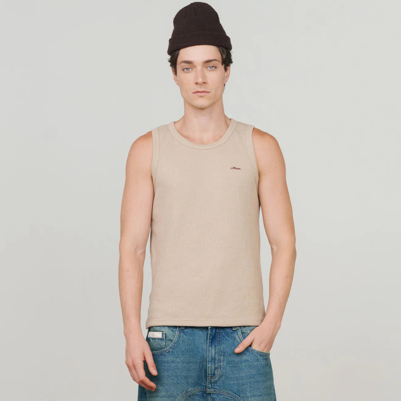 TEXTURED SLEEVELESS T-SHIRT SAND - FRONT OF