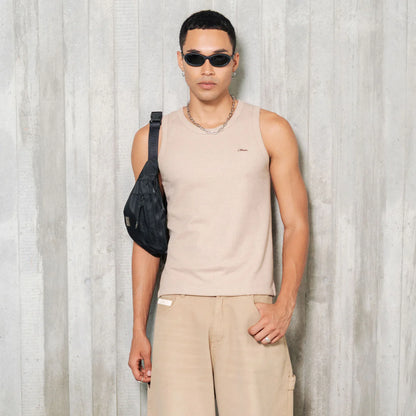 TEXTURED SLEEVELESS T-SHIRT SAND - FRONT OF