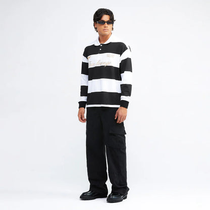 TRUE LOUNGE LONGSLEEVE BOXY POLO BLACK - FRONT OF.