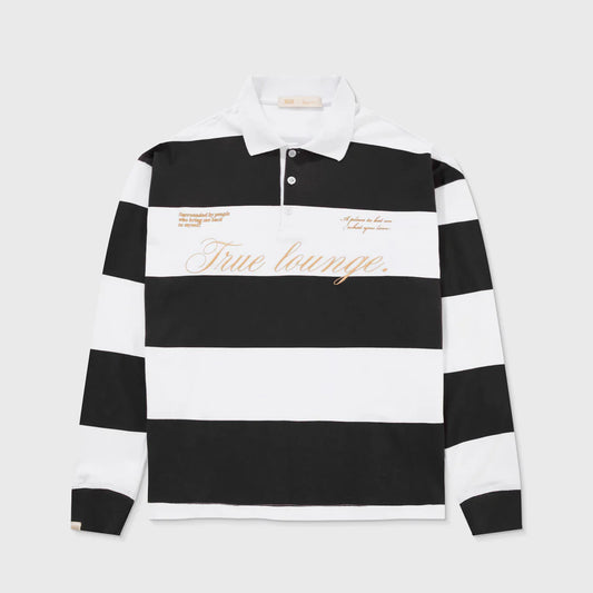 TRUE LOUNGE LONGSLEEVE BOXY POLO BLACK - FRONT OF.
